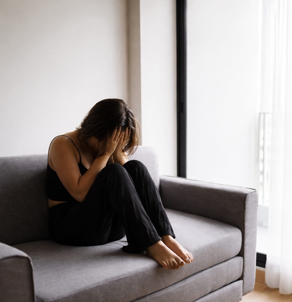 Person on a couch sitting wearing black