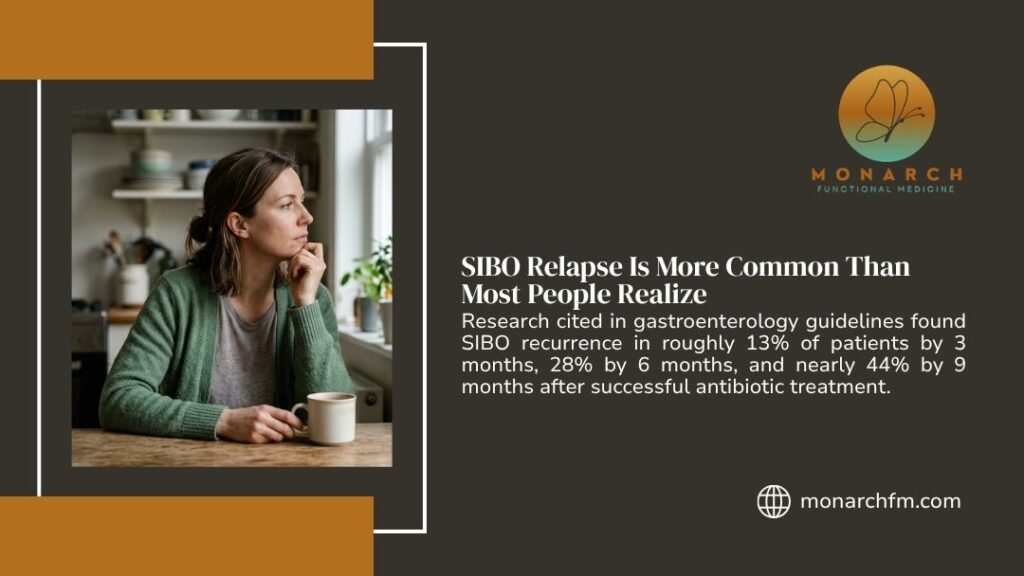 Monarch Functional Medicine graphic on SIBO relapse: recurrence hits 13% by 3 months, 28% by 6 months, 44% by 9 months post-treatment. A pensive woman sits with a mug.