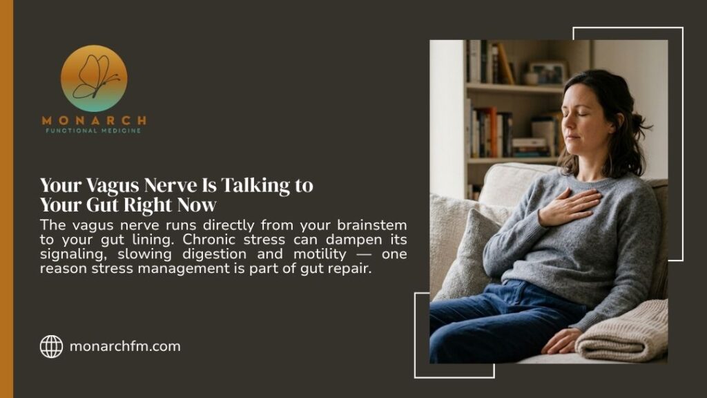 Woman sitting on couch with hand on chest in relaxation pose, with headline "Your Vagus Nerve Is Talking to Your Gut Right Now" by Monarch Functional Medicine.