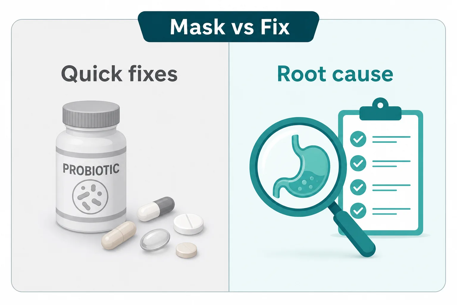 Side-by-side comparison of masking symptoms with quick fixes versus testing to find the root cause of bloating and brain fog