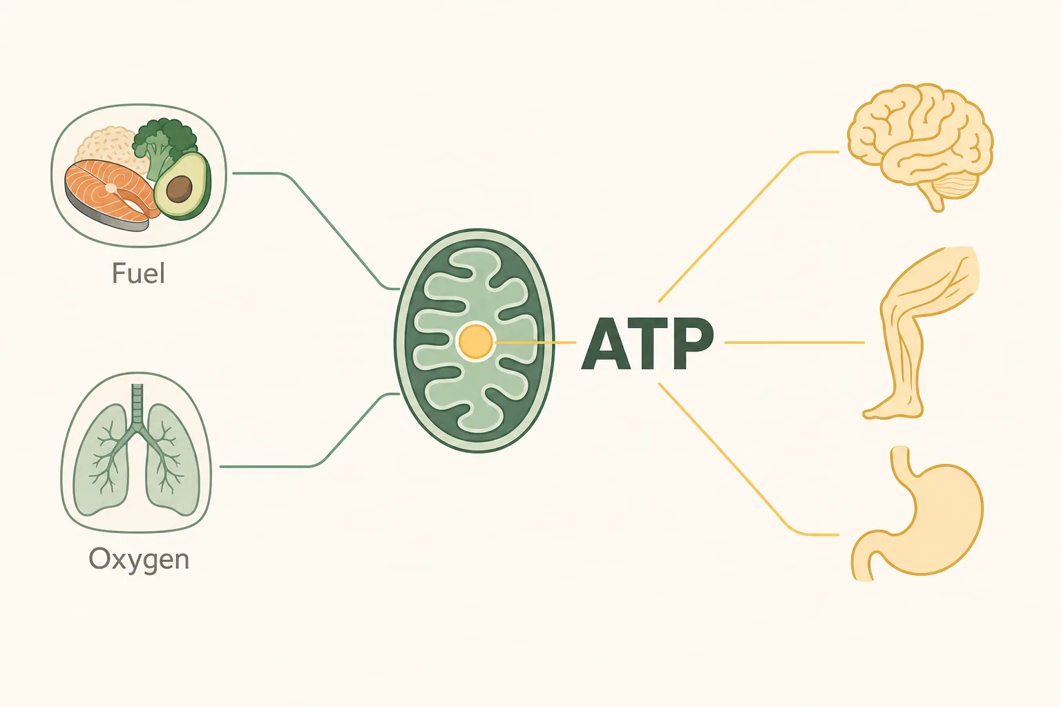 Diagram showing food and oxygen entering a mitochondrion, which produces ATP that powers the brain, muscles and digestion.