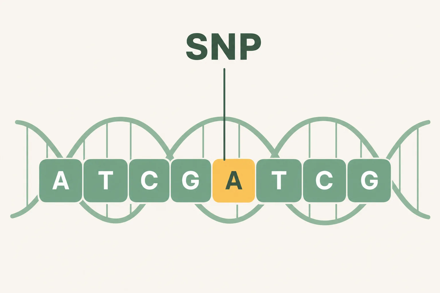 Flat-vector diagram of a DNA code strip where one letter tile is highlighted in gold, labelled SNP, showing how a single-letter difference sits inside the genetic code.