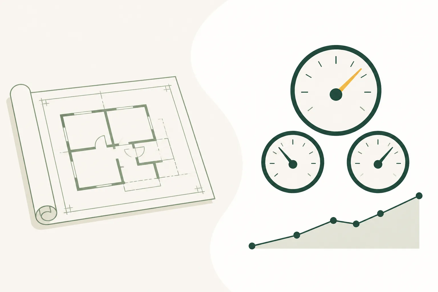 Flat-vector illustration contrasting a fixed printed blueprint with a set of live measurement dials, showing that a genetic result is not a measure of what is happening in the body right now.