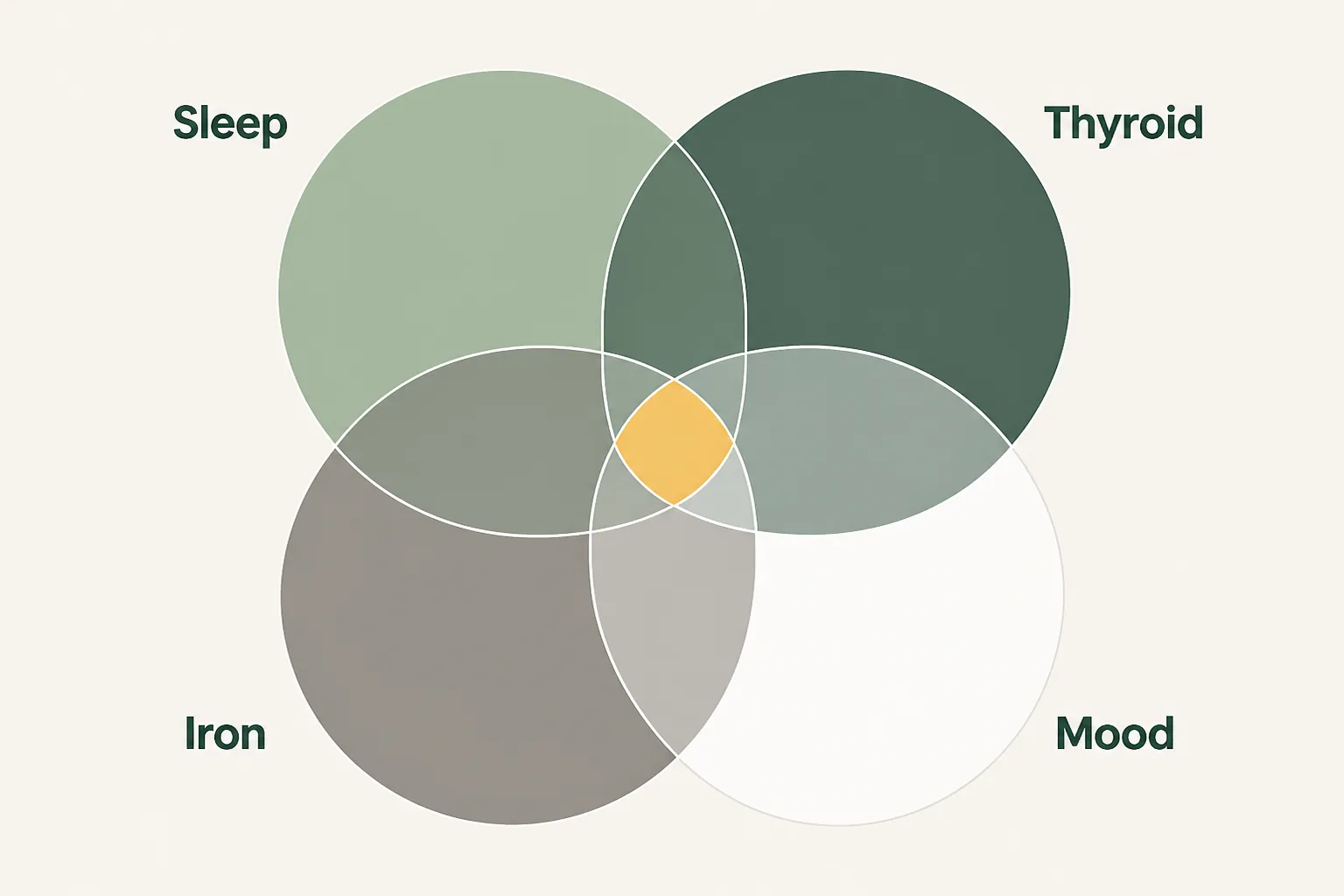 Four overlapping circles labelled sleep, thyroid, iron and mood sharing one highlighted centre, showing how symptoms overlap across causes