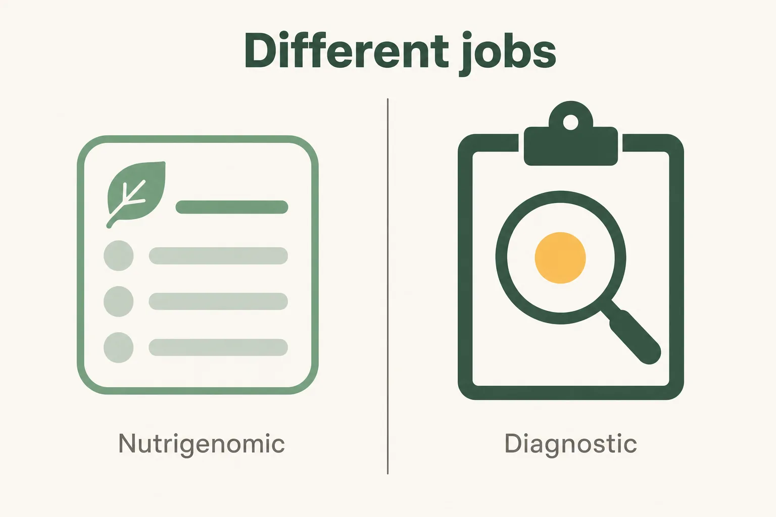Side-by-side flat-vector comparison contrasting a nutrigenomic panel, shown as a simple result card, with a physician-ordered diagnostic test, shown as a clipboard and magnifying glass.