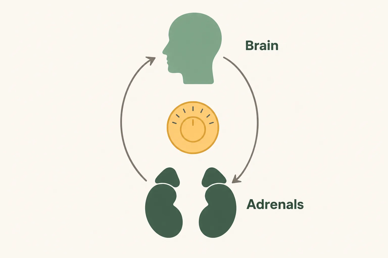 A simple loop diagram showing the brain and adrenal glands signalling back and forth around a thermostat dial