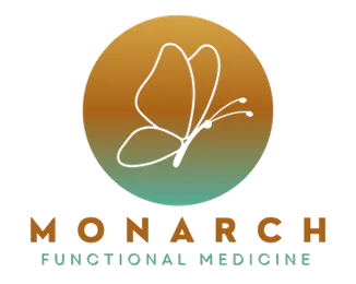 Monarch Functional Medicine logo with white line butterfly on gold and teal gradient circle